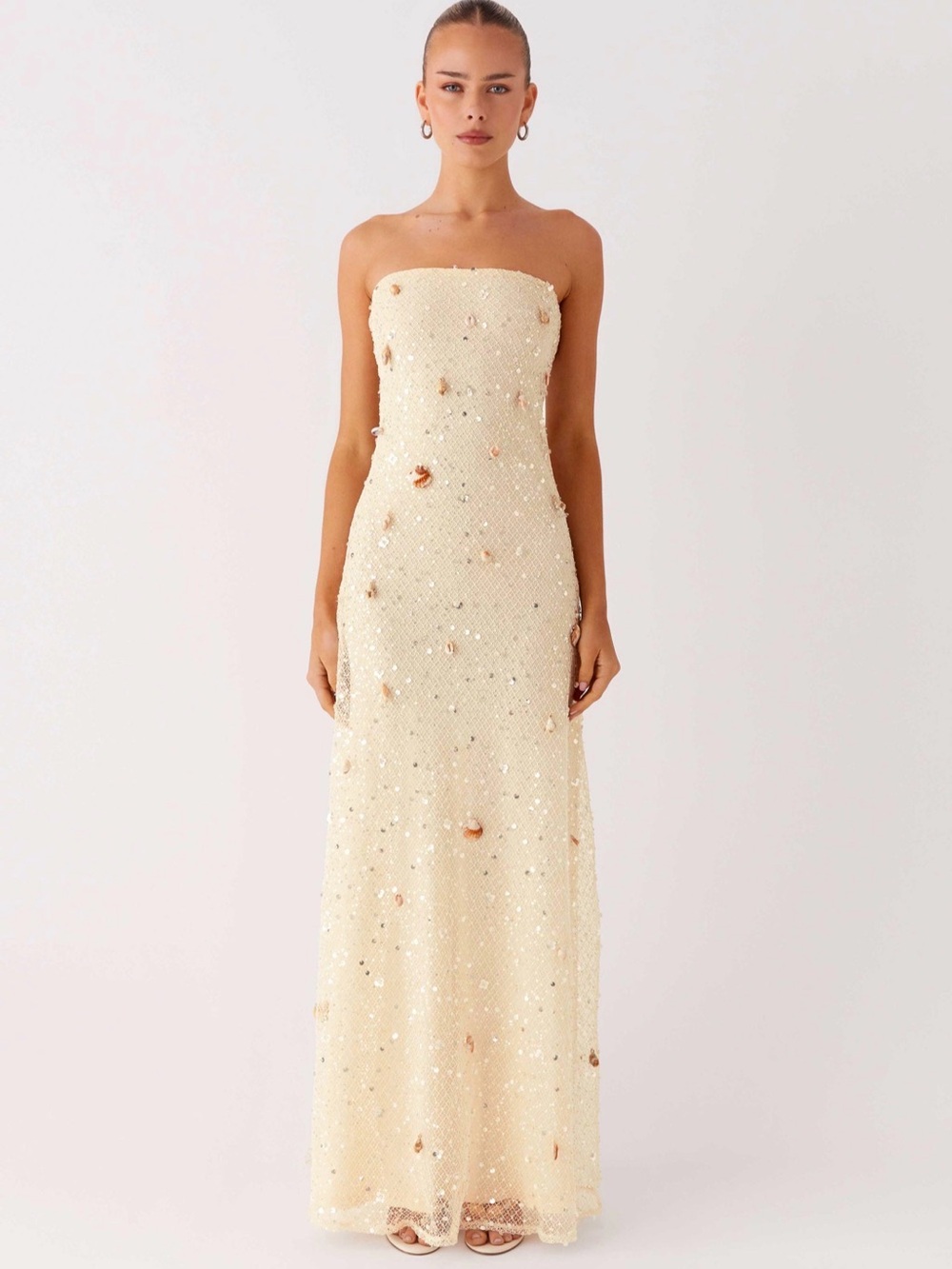 Peppermayo Strapless Sequin Maxi Dress in Cream